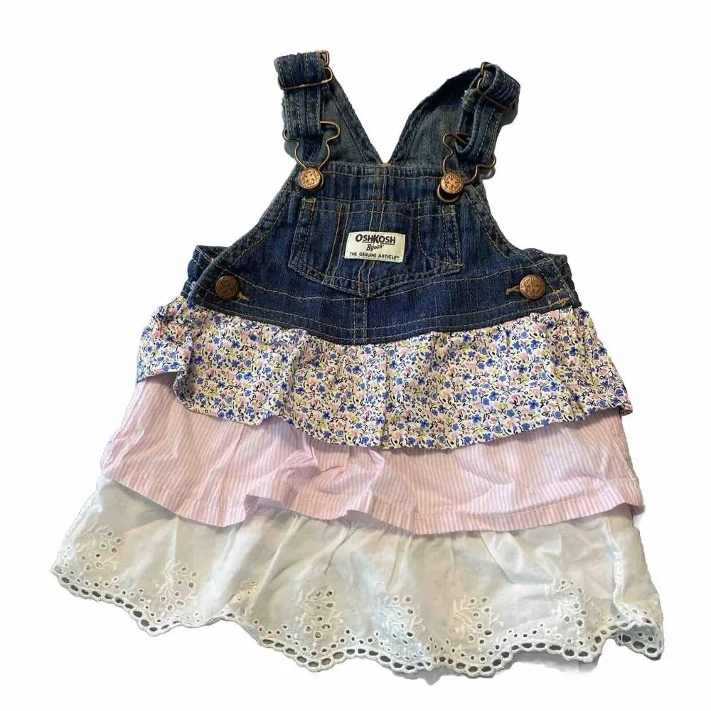 Vintage Girls 9 Months Oshkosh B'gosh Vestbak Overall Tiered Floral Dress Bibs